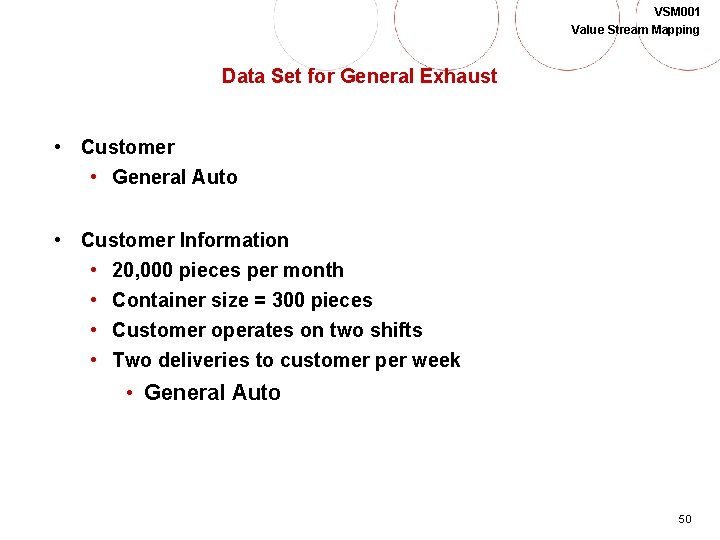 VSM 001 Value Stream Mapping Data Set for General Exhaust • Customer • General