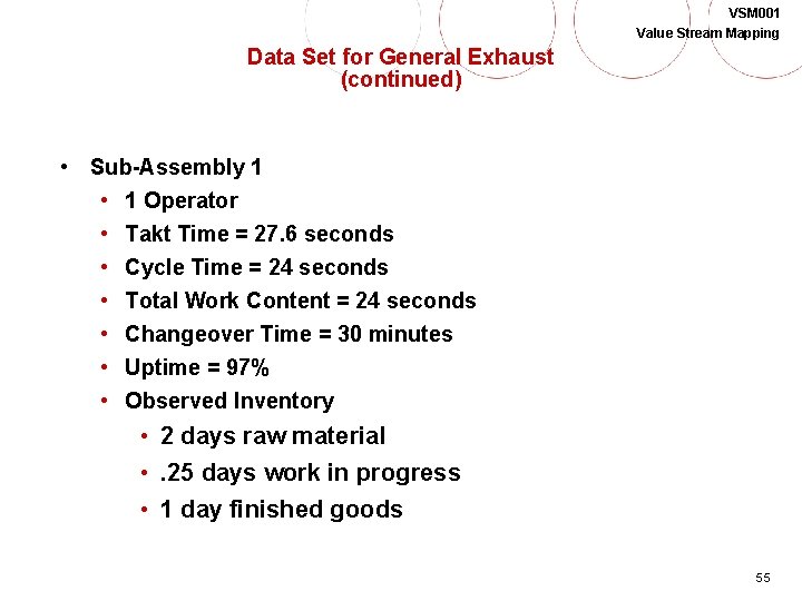 VSM 001 Value Stream Mapping Data Set for General Exhaust (continued) • Sub-Assembly 1