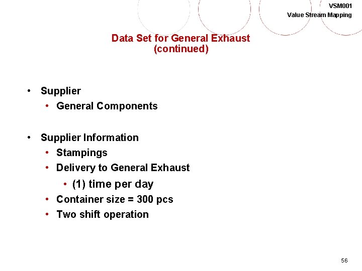 VSM 001 Value Stream Mapping Data Set for General Exhaust (continued) • Supplier •