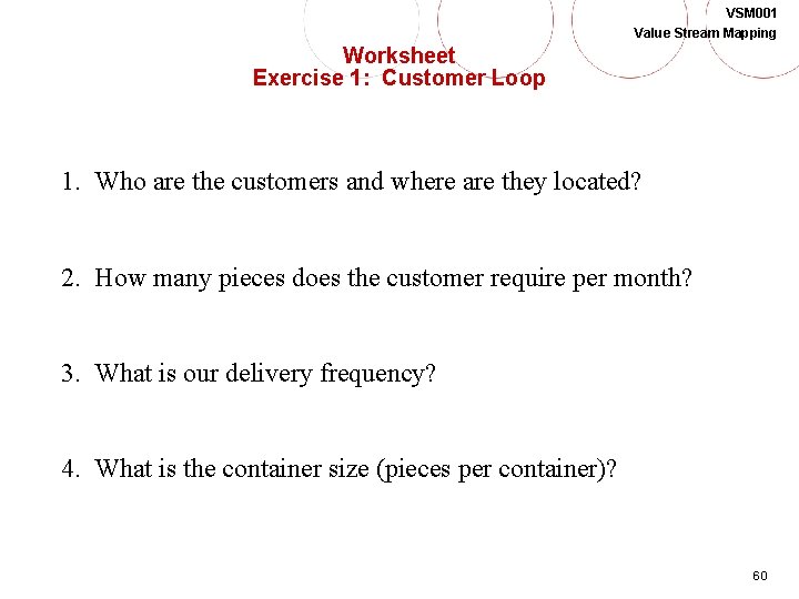 VSM 001 Value Stream Mapping Worksheet Exercise 1: Customer Loop 1. Who are the