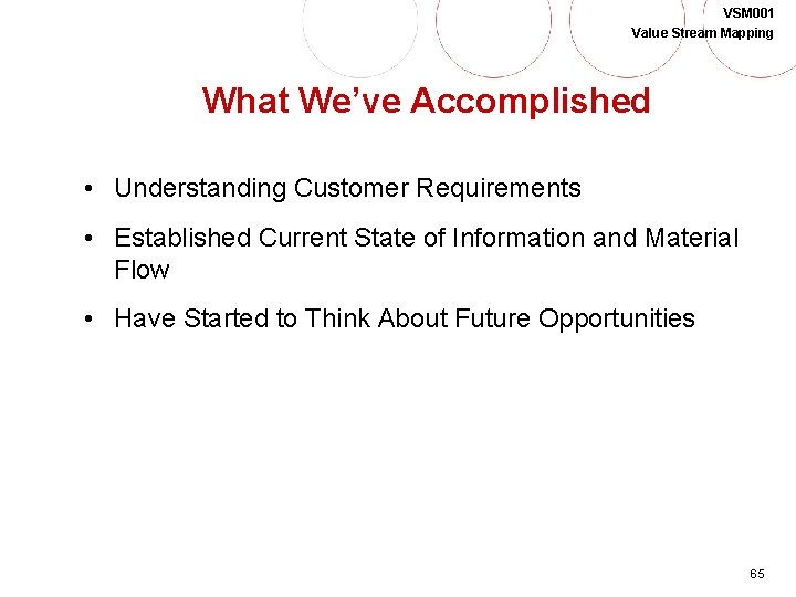 VSM 001 Value Stream Mapping What We’ve Accomplished • Understanding Customer Requirements • Established