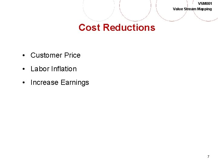 VSM 001 Value Stream Mapping Cost Reductions • Customer Price • Labor Inflation •