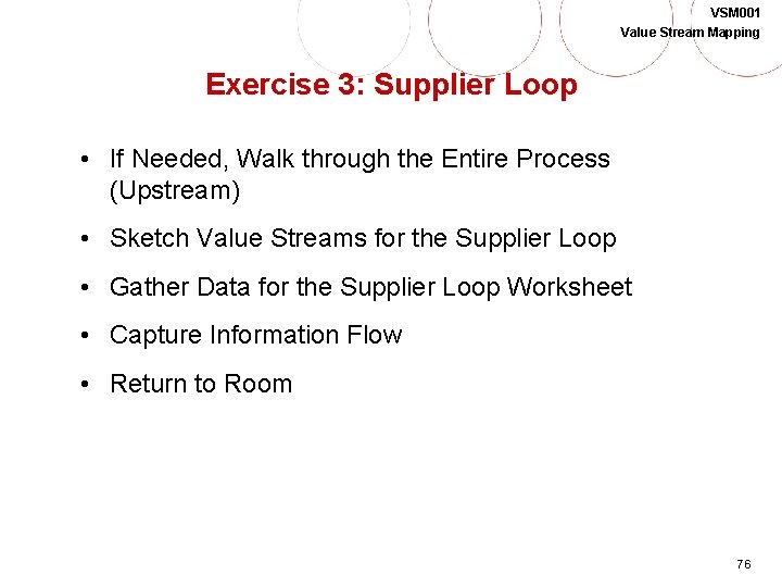 VSM 001 Value Stream Mapping Exercise 3: Supplier Loop • If Needed, Walk through