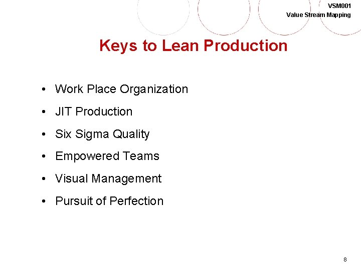 VSM 001 Value Stream Mapping Keys to Lean Production • Work Place Organization •