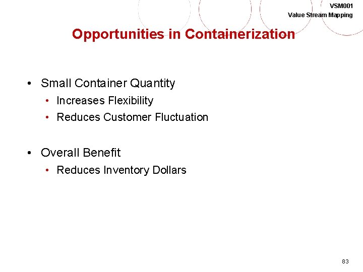 VSM 001 Value Stream Mapping Opportunities in Containerization • Small Container Quantity • Increases