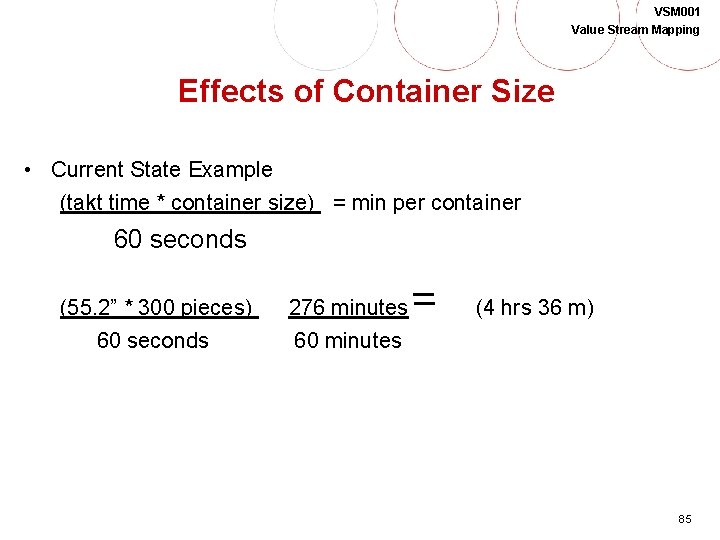 VSM 001 Value Stream Mapping Effects of Container Size • Current State Example (takt