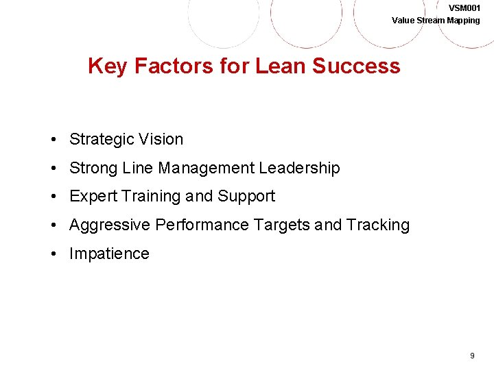 VSM 001 Value Stream Mapping Key Factors for Lean Success • Strategic Vision •