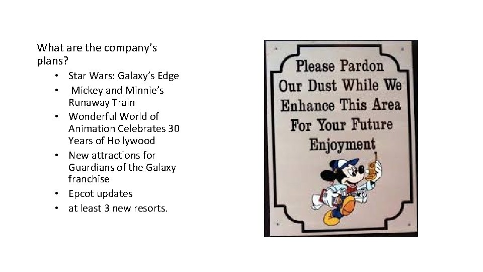 What are the company’s plans? • Star Wars: Galaxy’s Edge • Mickey and Minnie’s