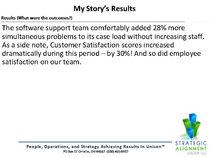 My Story’s Results The software support team comfortably added 28% more simultaneous problems to