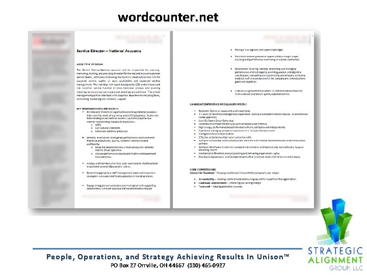 wordcounter. net People, Operations, and Strategy Achieving Results In Unison™ PO Box 27 Orrville,