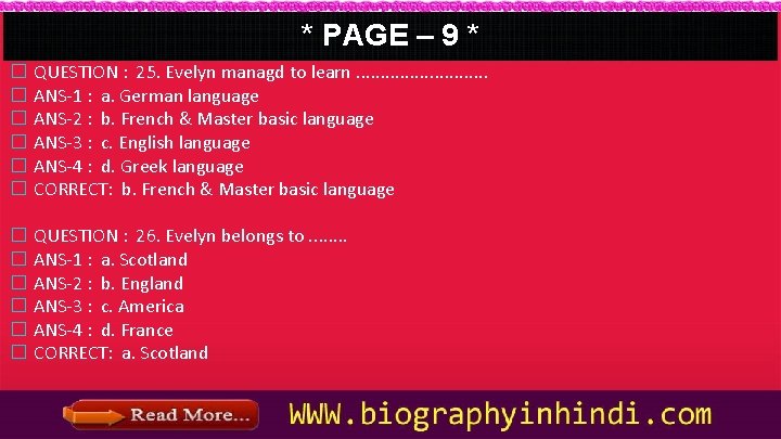 * PAGE – 9 * � � � QUESTION : 25. Evelyn managd to