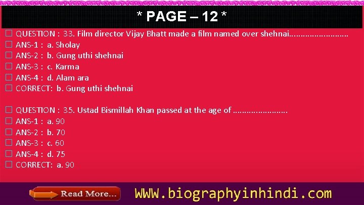 * PAGE – 12 * � � � QUESTION : 33. Film director Vijay