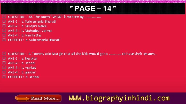 * PAGE – 14 * � � � QUESTION : 38. The poem "WIND"