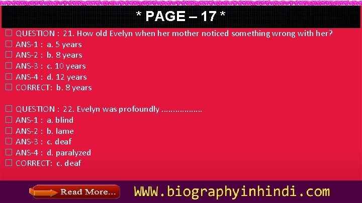 * PAGE – 17 * � � � QUESTION : 21. How old Evelyn