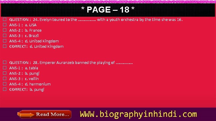 * PAGE – 18 * � � � QUESTION : 24. Evelyn toured to