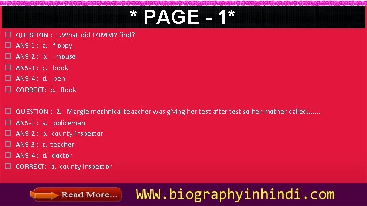 * PAGE - 1* � � � QUESTION : 1. What did TOMMY find?