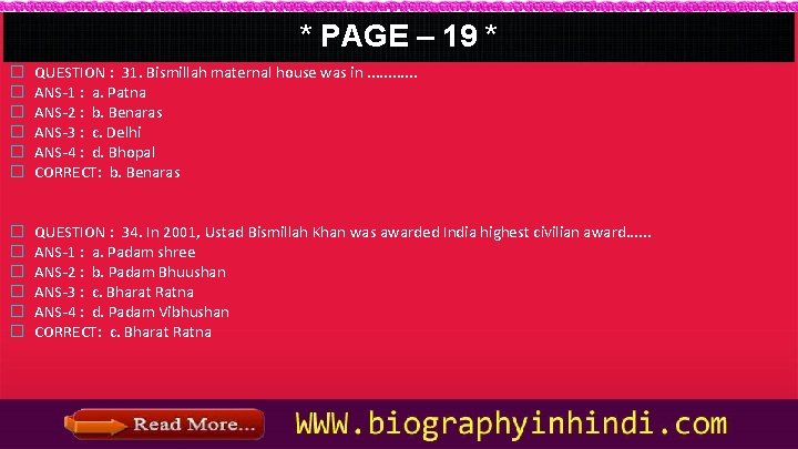 * PAGE – 19 * � � � QUESTION : 31. Bismillah maternal house