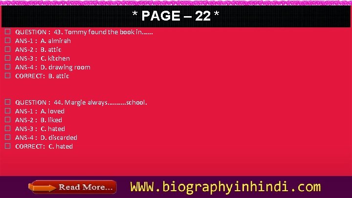 * PAGE – 22 * � � � QUESTION : 43. Tommy found the