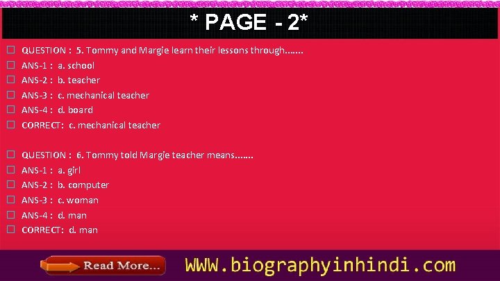 * PAGE - 2* � � � QUESTION : 5. Tommy and Margie learn