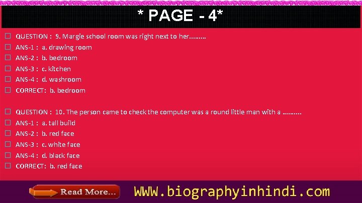 * PAGE - 4* � � � QUESTION : 9. Margie school room was