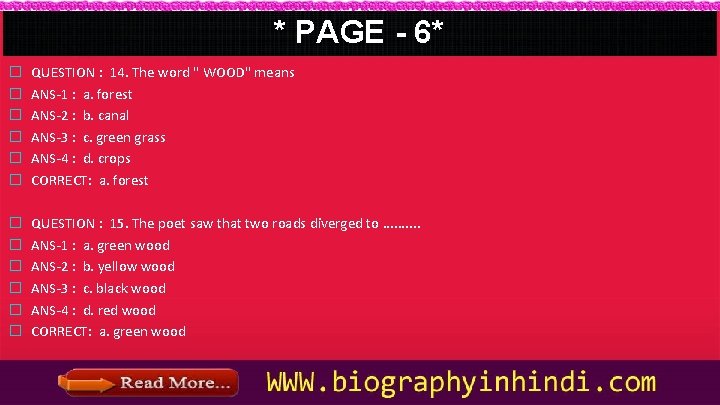 * PAGE - 6* � � � QUESTION : 14. The word " WOOD"