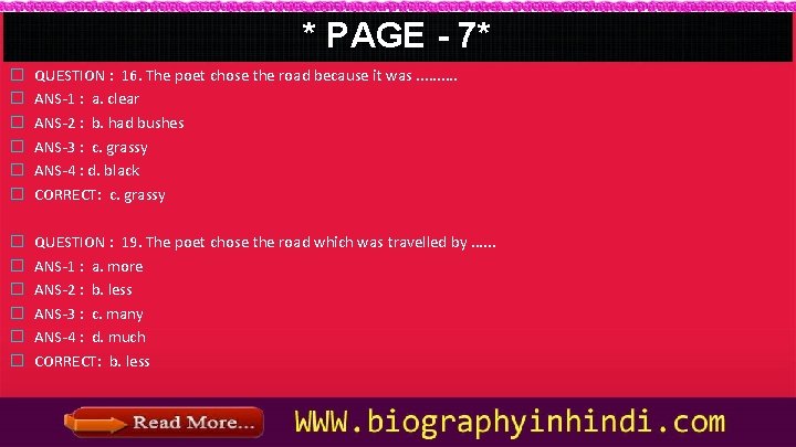 * PAGE - 7* � � � QUESTION : 16. The poet chose the