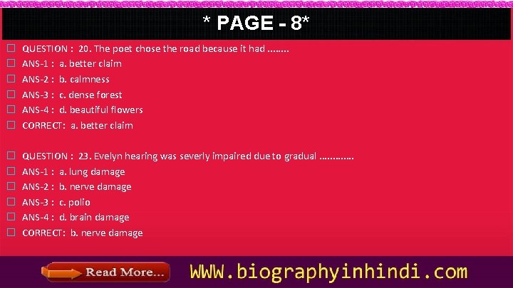 * PAGE - 8* � � � QUESTION : 20. The poet chose the