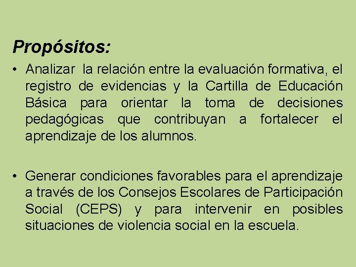 Propósitos: • Analizar la relación entre la evaluación formativa, el registro de evidencias y