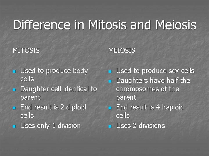 Difference in Mitosis and Meiosis MITOSIS n n Used to produce body cells Daughter