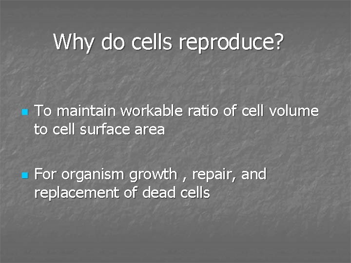 Why do cells reproduce? n n To maintain workable ratio of cell volume to