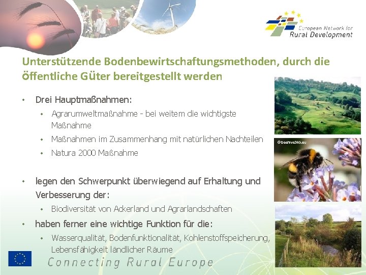 Unterstützende Bodenbewirtschaftungsmethoden, durch die öffentliche Güter bereitgestellt werden • • Drei Hauptmaßnahmen: • Agrarumweltmaßnahme