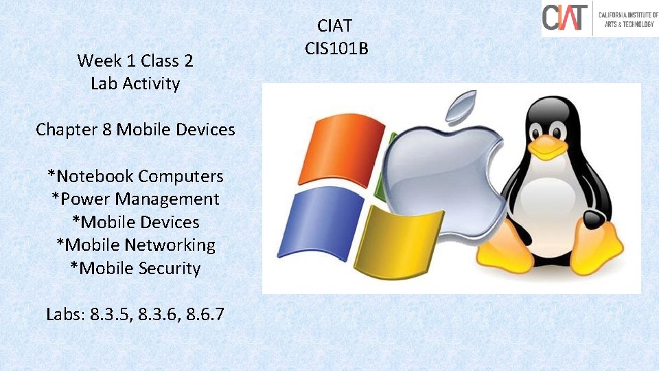 Week 1 Class 2 Lab Activity Chapter 8 Mobile Devices *Notebook Computers *Power Management