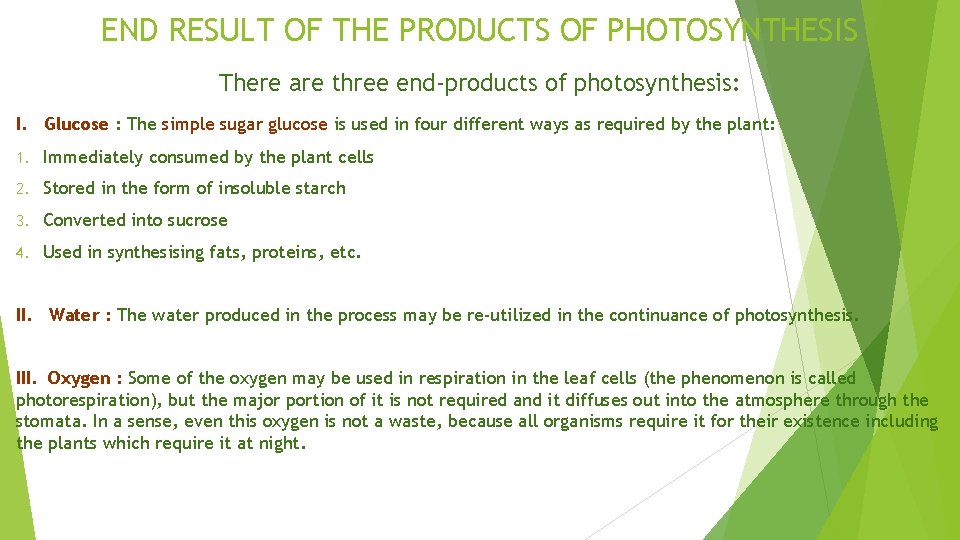 END RESULT OF THE PRODUCTS OF PHOTOSYNTHESIS There are three end-products of photosynthesis: I.