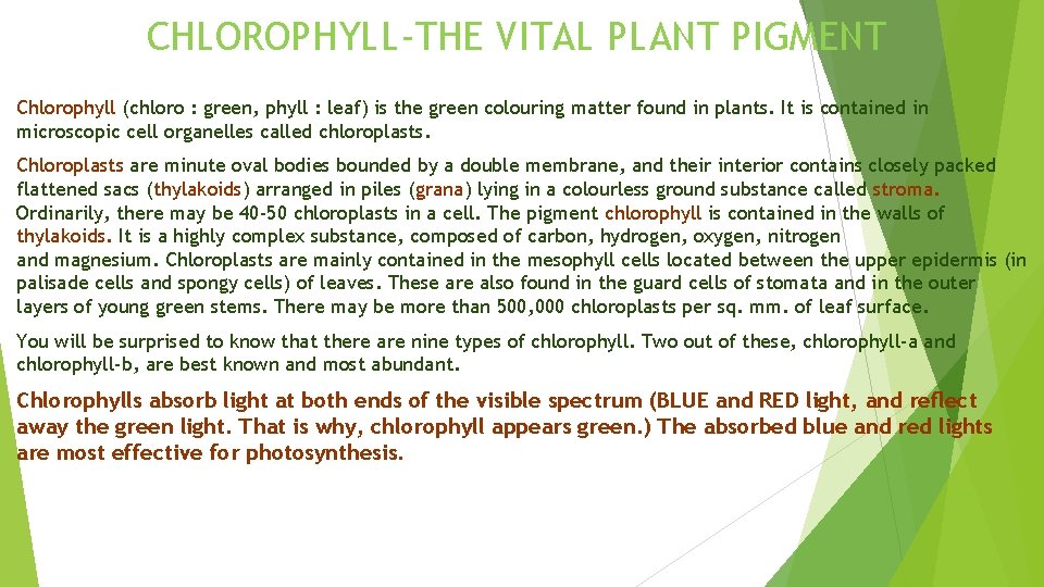 CHLOROPHYLL-THE VITAL PLANT PIGMENT Chlorophyll (chloro : green, phyll : leaf) is the green