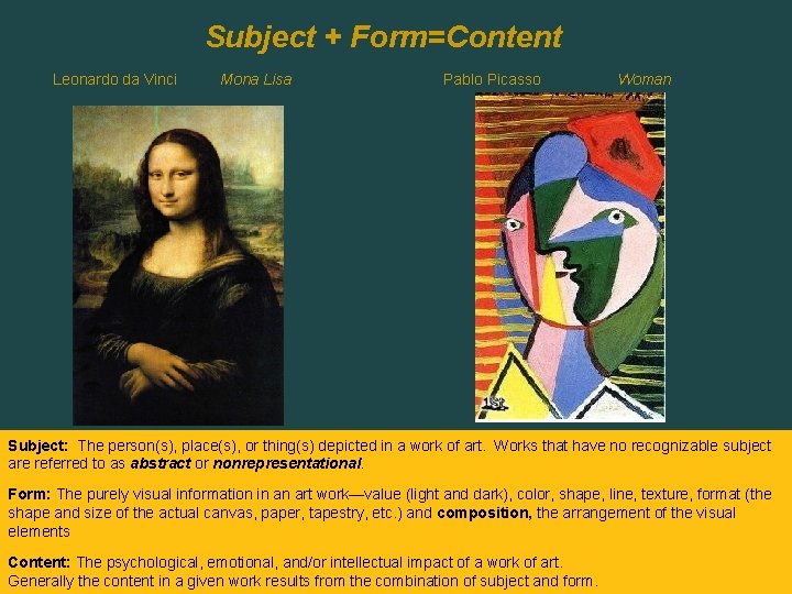 Subject + Form=Content Leonardo da Vinci Mona Lisa Pablo Picasso Woman Subject: The person(s),