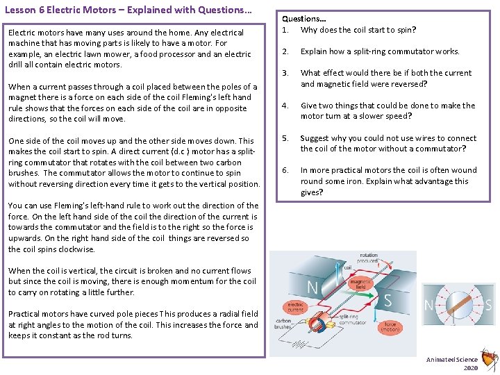 Lesson 6 Electric Motors – Explained with Questions… Electric motors have many uses around