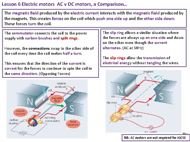 Lesson 6 Electric motors AC v DC motors, a Comparison… The magnetic field produced