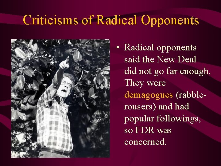 Criticisms of Radical Opponents ▪ Radical opponents said the New Deal did not go