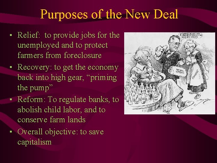 Purposes of the New Deal ▪ Relief: to provide jobs for the unemployed and