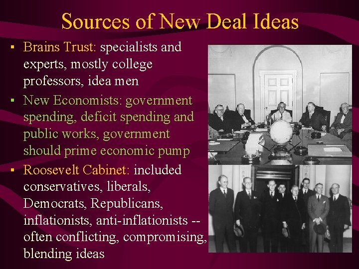 Sources of New Deal Ideas ▪ Brains Trust: specialists and experts, mostly college professors,