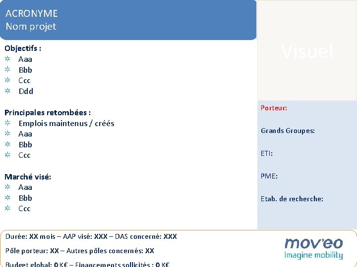 ACRONYMEProjets Nom projet Visuel Objectifs : Aaa Bbb Ccc Ddd Ateliers Accompagnement Principales retombées