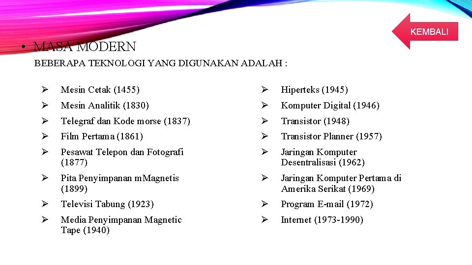 KEMBALI • MASA MODERN BEBERAPA TEKNOLOGI YANG DIGUNAKAN ADALAH : Ø Mesin Cetak (1455)