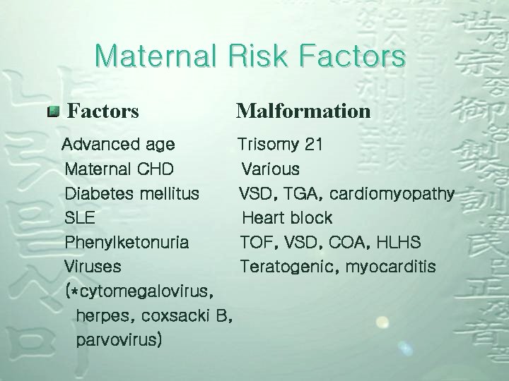 Maternal Risk Factors Malformation Advanced age Trisomy 21 Maternal CHD Various Diabetes mellitus VSD,