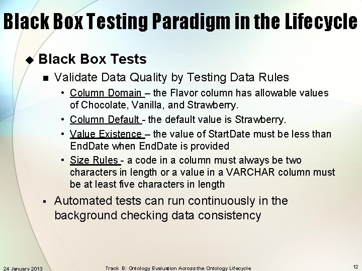 Black Box Testing Paradigm in the Lifecycle u Black Box Tests n Validate Data