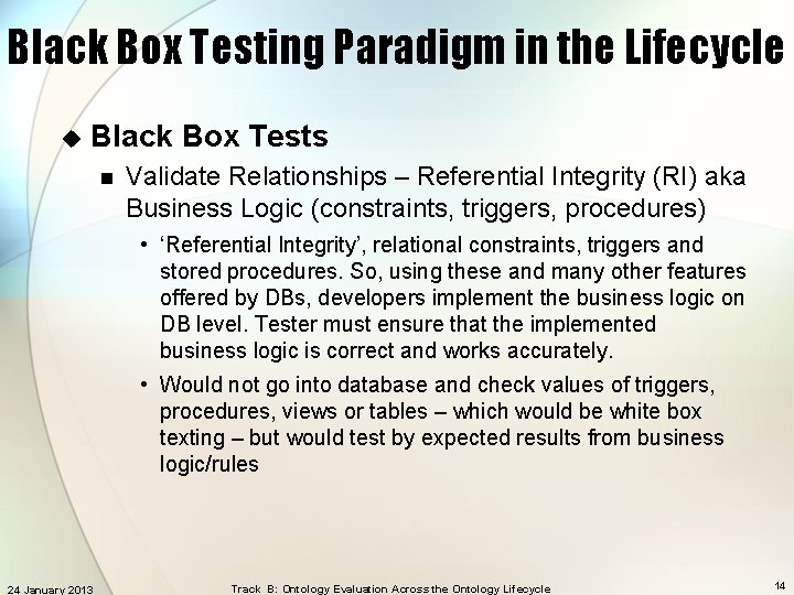 Black Box Testing Paradigm in the Lifecycle u Black Box Tests n Validate Relationships