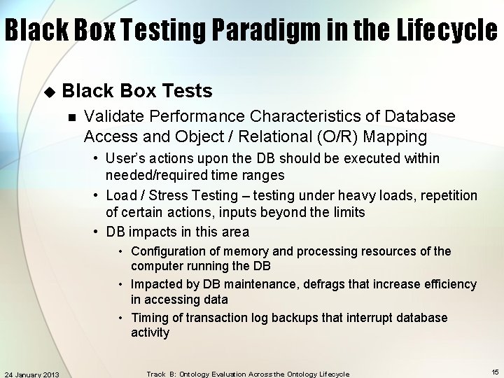 Black Box Testing Paradigm in the Lifecycle u Black Box Tests n Validate Performance