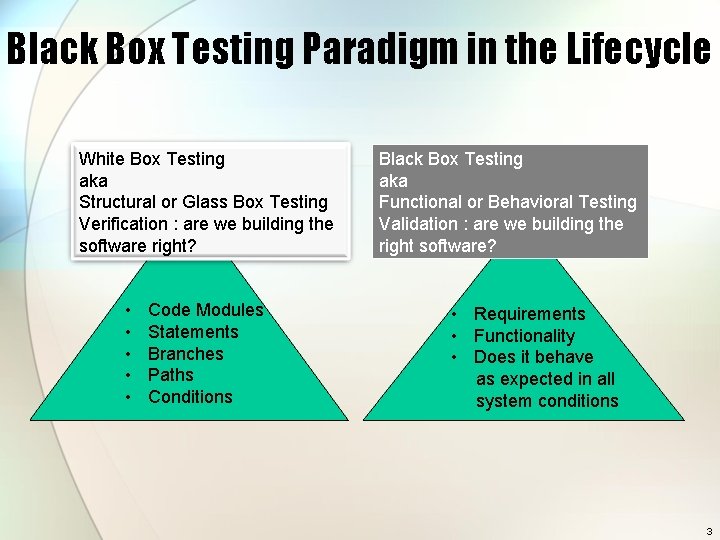 Black Box Testing Paradigm in the Lifecycle White Box Testing aka Structural or Glass