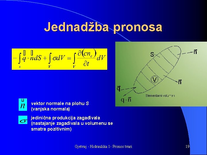 Jednadžba pronosa vektor normale na plohu S (vanjska normala) jedinična produkcija zagađivala (nastajanje zagađivala