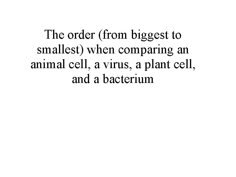 The order (from biggest to smallest) when comparing an animal cell, a virus, a