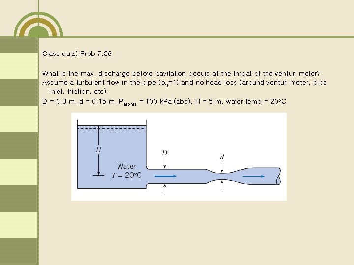 Class quiz) Prob 7. 36 What is the max. discharge before cavitation occurs at Class quiz) Prob 7. 36 What is the max. discharge before cavitation occurs at